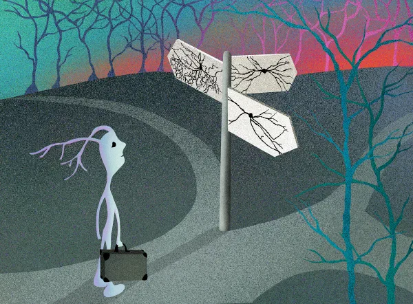 Illustration: a developing neuron stands at a signpost pointing towards different neuron morphologies